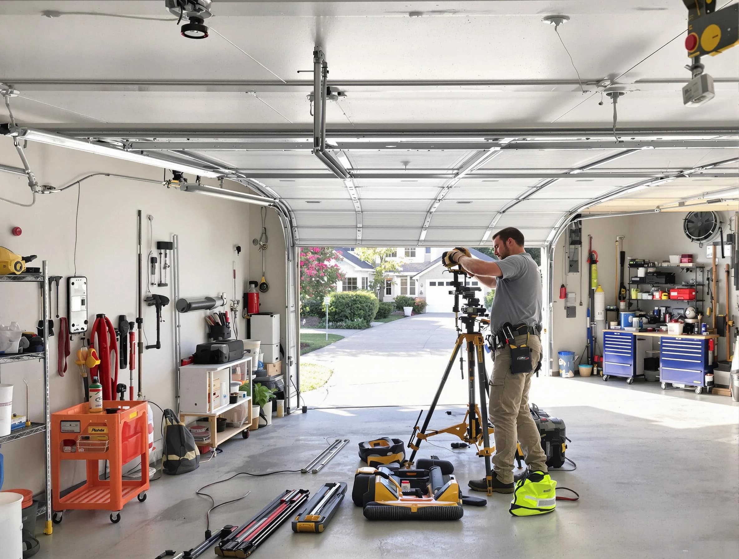 Lake View Garage Door Repair specialist performing laser-guided track alignment in Lake View