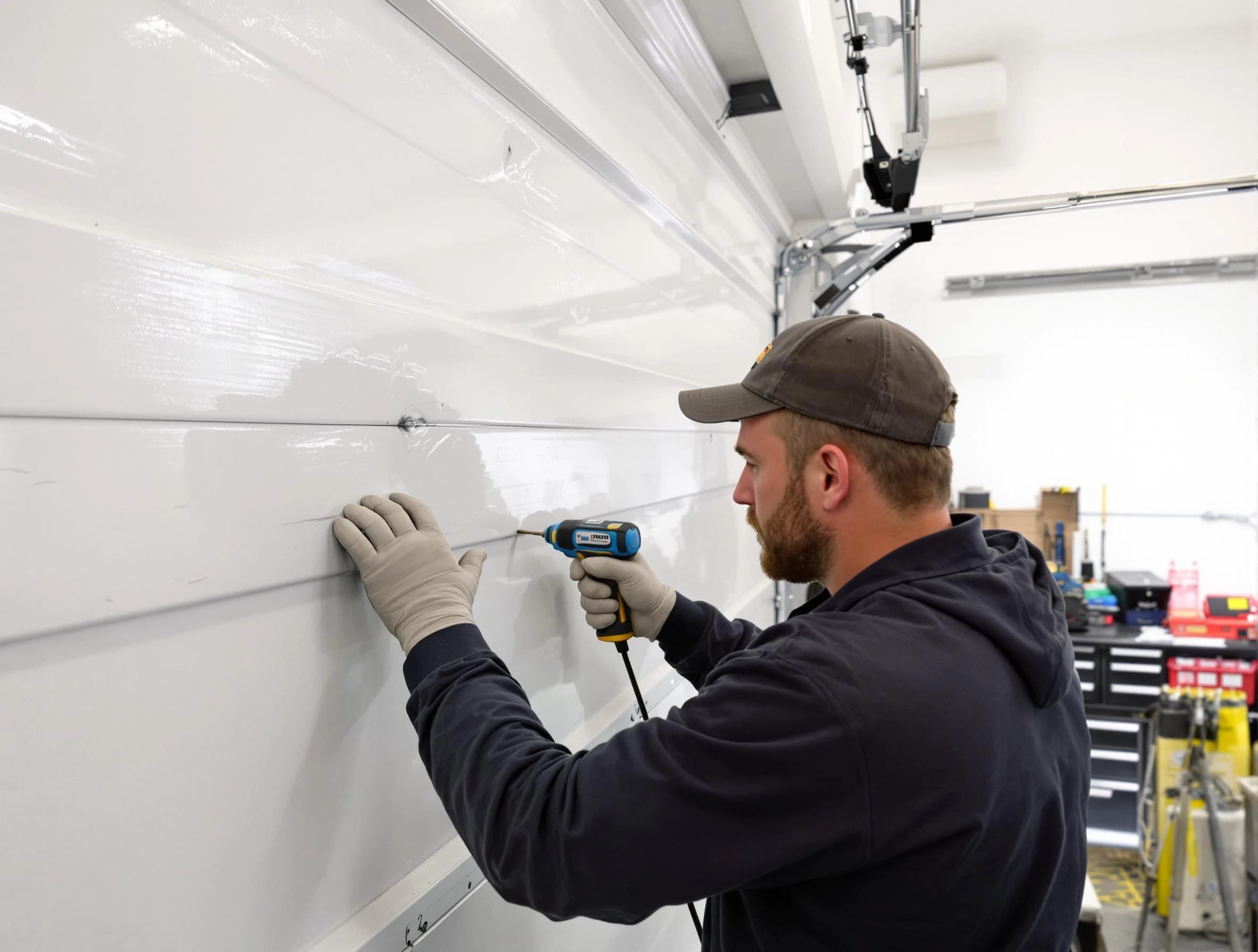 Lake View Garage Door Repair technician demonstrating precision dent removal techniques on a Lake View garage door